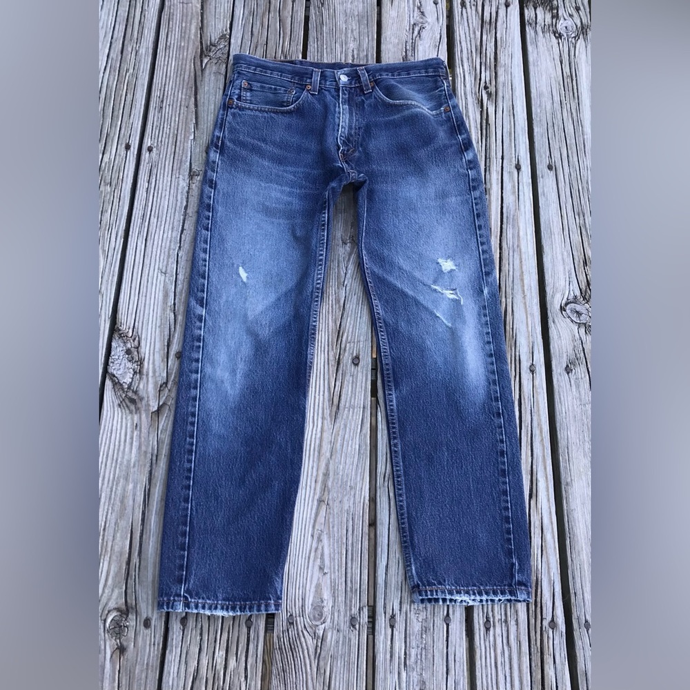 Mens 34 X 32 LEVIS 505 Distressed Dark Denim Loose Straight Leg Jeans Pants